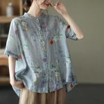 Vintage Digital Printed Cotton Linen Blouse For Women