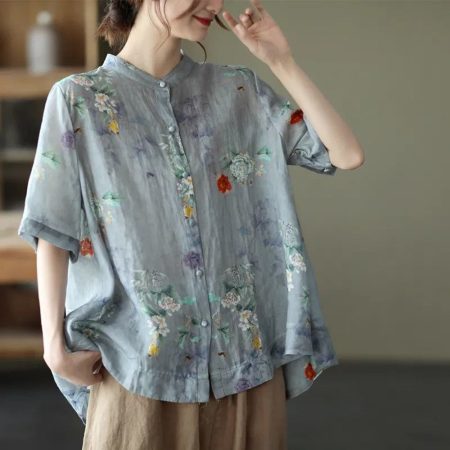 Vintage Digital Printed Cotton Linen Blouse For Women