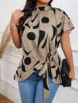 Plus-size Irregular Print Blouse For Women - Elegant Short-sleeve Work Top For Summer